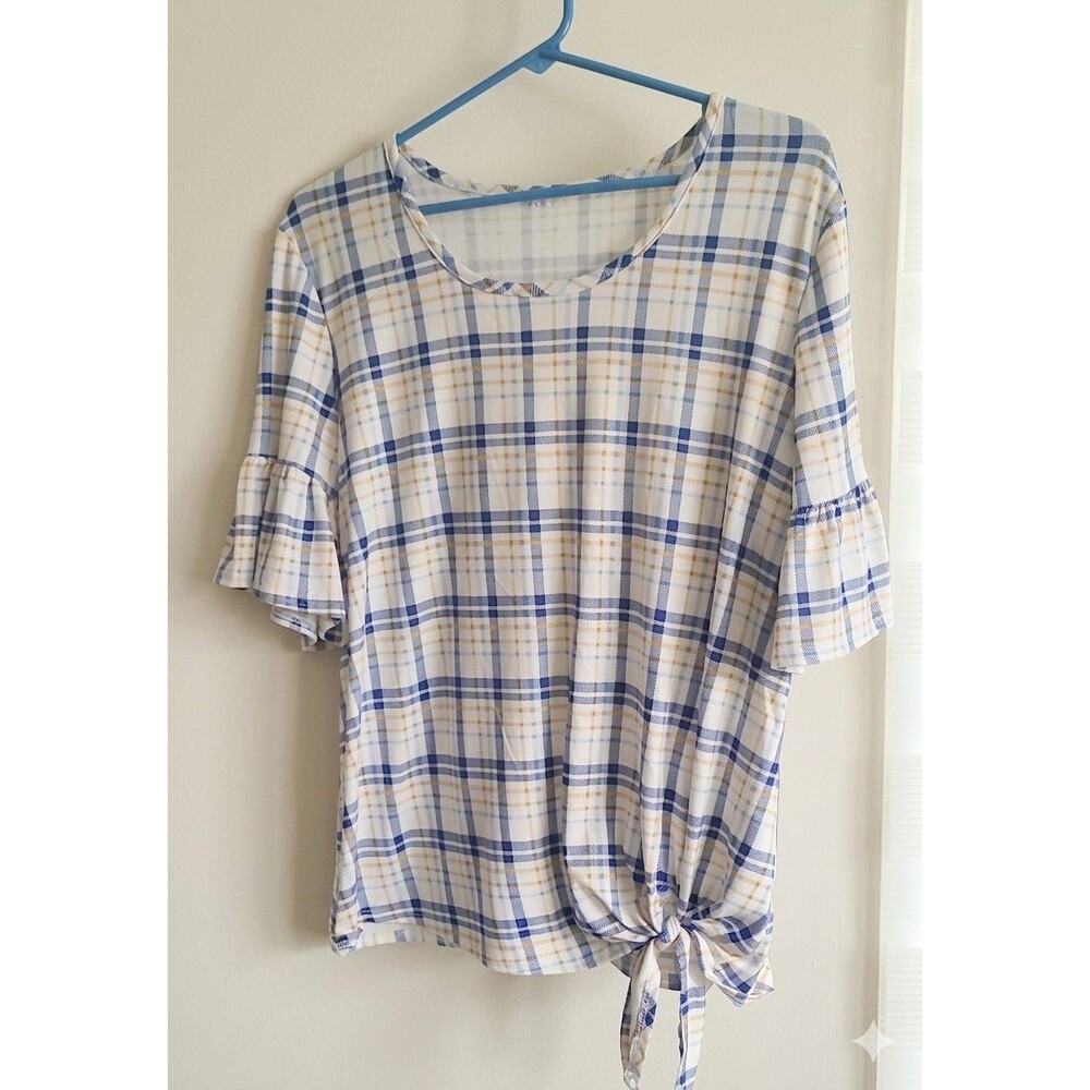 C’est La Vie women's blue and yellow plaid 3/4 sleeve top/ a side knot. Size L